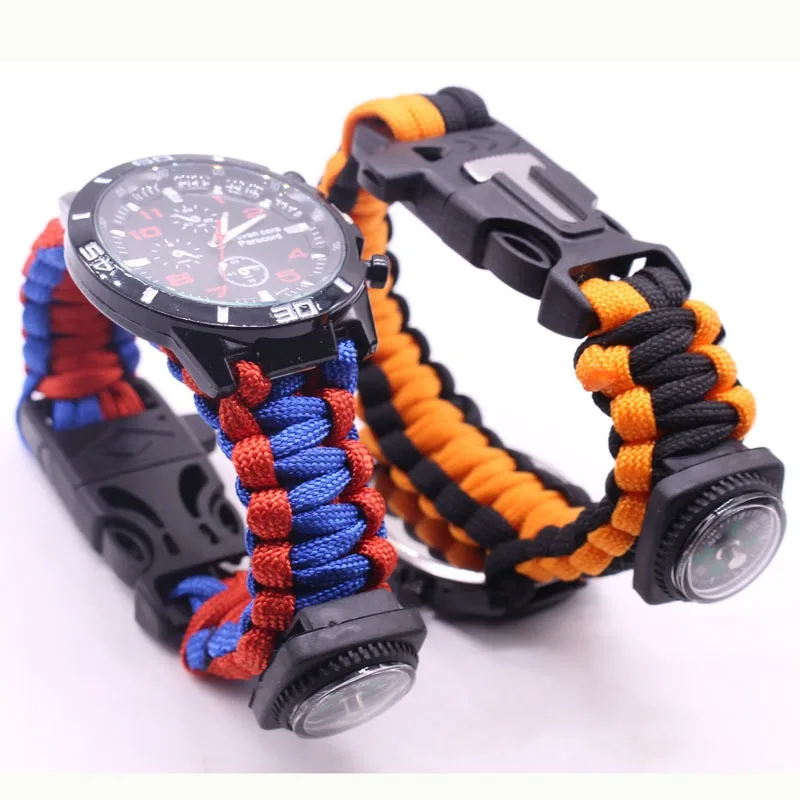 Outdoor Adventure Gifts - Multifunktionale Outdoor-Uhr, Regenschirm-Seil-Webarmband mit Feuerstein-Kompass-Überlebensset, Sieben-Kern-Design