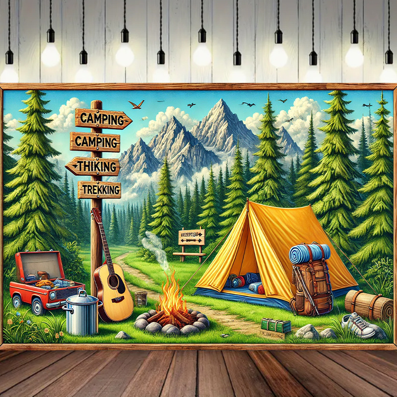 Outdoor Adventure Birthday Party - 1, Camping- und Outdoor-Abenteuerhintergrund, gewebter Stoff,